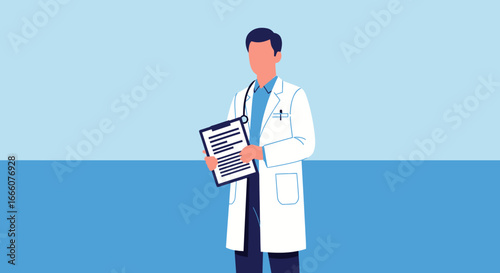 Flat design male doctor in white lab coat, holding clipboard, with stethoscope around neck