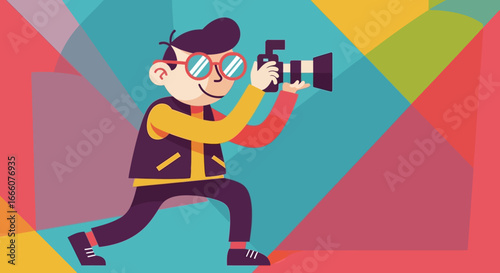 Flat design illustration of a smiling young cameraman with red glasses holding a video camera.