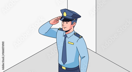 Flat design male police officer saluting, wearing light blue uniform, dark blue cap, and yellow accents.