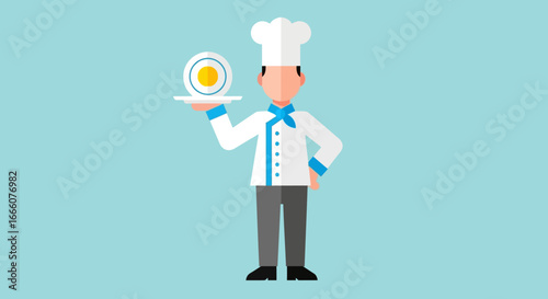 Flat Illustration of a Chef Presenting a Dish on a White Plate