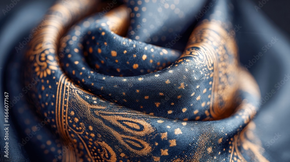 Obraz premium An elegant silk scarf with intricate gold patterns in shades of blue.