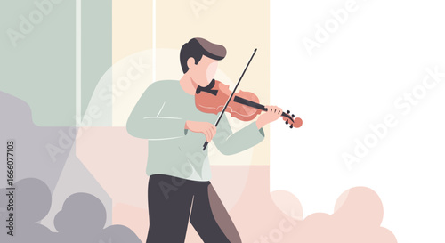 Flat vector illustration of a man playing a reddish-brown violin with a black bow.