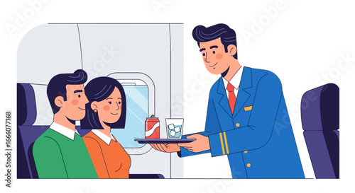Flight Attendant Serving Drinks to Passengers on Airplane
