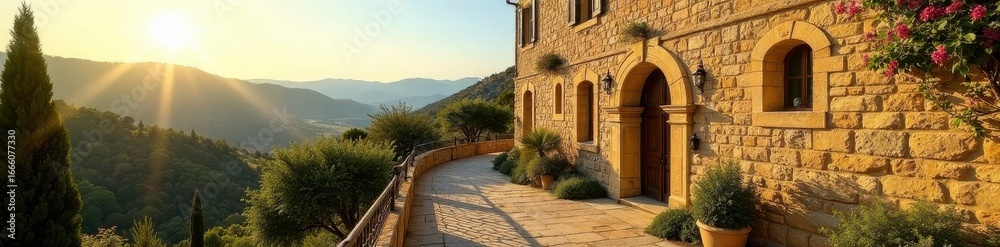 Obraz premium Sun-drenched stone buildings, shadows lengthening, Tuscan hills in the distance , stone buildings, italy, historic