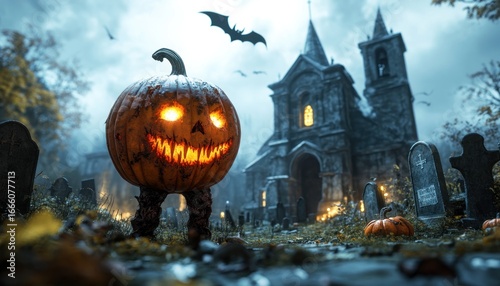 Spooky halloween pumpkin monster in a graveyard with a haunted church background scene