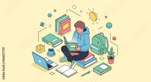 Focused student in a blue hoodie reading a book, sitting cross-legged on a stack of books in an isometric illustration.