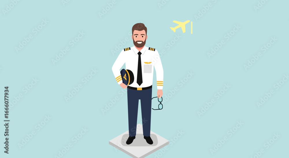 Fototapeta premium Friendly bearded airline pilot character in full uniform, smiling while holding his cap and glasses.