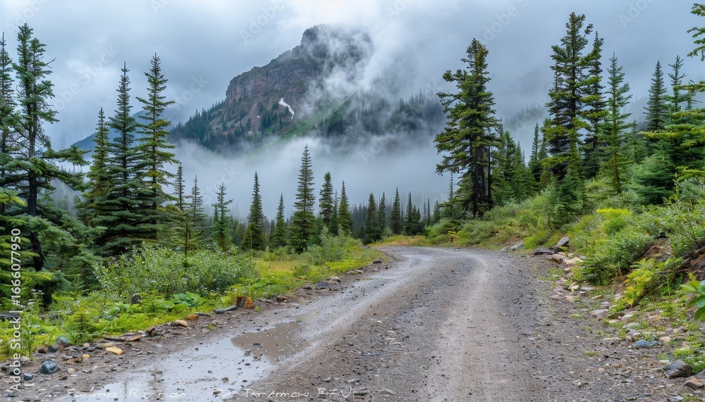 Fototapeta premium Mysterious fog envelops lush pine covered hills, creating a serene natural landscape