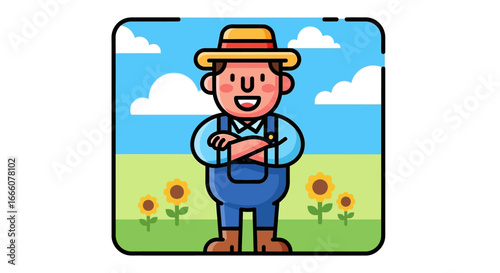 Friendly cartoon farmer in a straw hat and blue overalls, smiling with arms crossed.