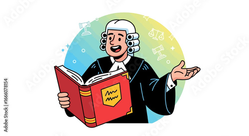 Friendly cartoon judge in a traditional barrister's wig and robe holding a large red law book.