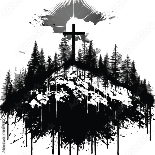 Symbol of Faith: A powerful silhouette depicts a cross atop a forested hill, representing spirituality. A symbol of reverence, faith, and hope, with stylized rays of light radiating above. 