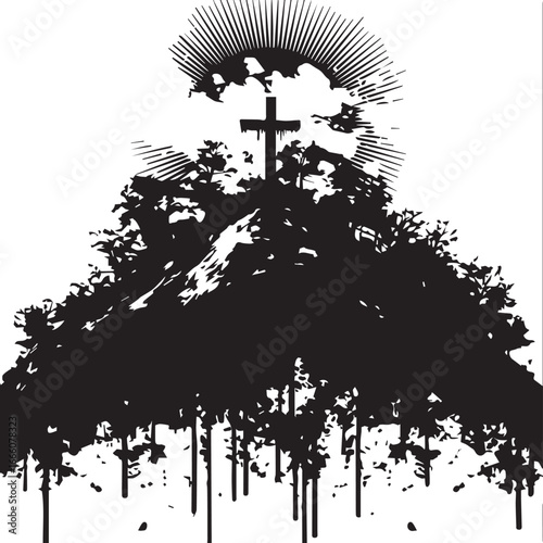 Faith's Emblem: A stark black silhouette of a cross atop a hill, symbolizing faith and spirituality, evokes a sense of reverence and contemplation. The rugged texture adds depth and intensity.