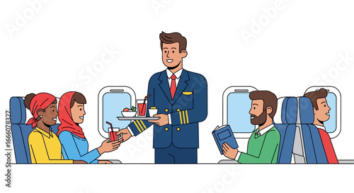 Friendly Flight Attendant Serving Drinks and Snacks to Passengers on Airplane