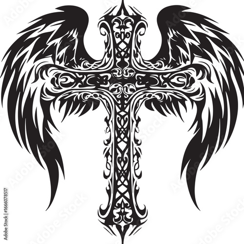 Winged Cross Symbol: A powerful symbol of faith and protection, a beautifully crafted cross is adorned with intricate patterns and majestic wings, rendered in striking black and white. 