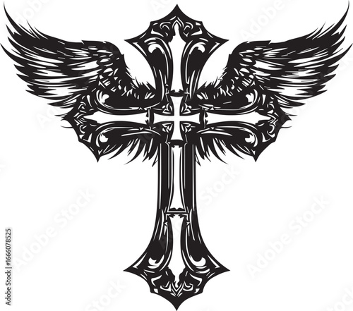 Emblem of Faith and Freedom: A striking graphic showcases an ornate cross, its intricate design complemented by powerful angel wings, symbolizing faith, hope, and the concept of overcoming struggles.