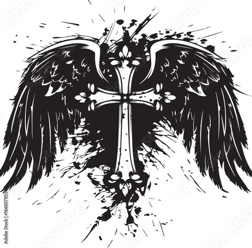 Wings and Cross: A visually striking design, the image features an elegant cross at the center with majestic wings spread behind it, set against a backdrop of stylized ink splatters.