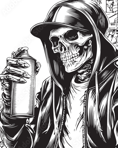 Street Art Skeleton with Spray Can: A stylized, monochrome illustration features a skeleton adorned in streetwear attire, poised with a spray can in hand, embodying urban culture.