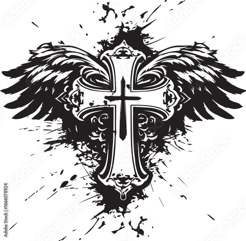 Winged Cross Symbol: An artistic rendition of a cross adorned with wings, symbolizing faith and protection, set against a backdrop of ink splashes.