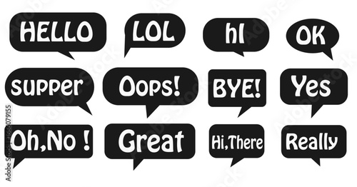Black conversation clouds. Communication tags nad cartoon speech bubbles sign.
