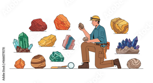 Geologist Kneeling, Examining Colorful Gemstones and Crystals