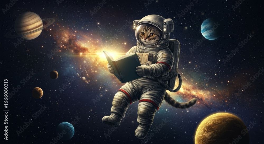 Fototapeta premium Astronaut Cat Reading Cute space cat floating with book among planets and stars