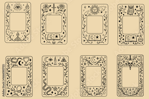 Ornamental Tarot & Decorative Card Frame Vector Collection. Containing 8 Vintage Card Frames - Sun, Moon, Stars, Floral, Botanical, Geometric Border Templates.