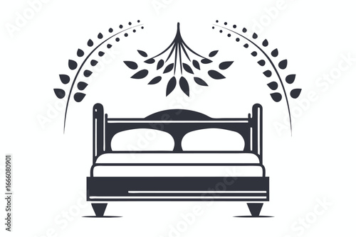 Minimalist Double Bed with Leafy Branches Icon on a White Background