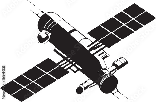 Black and white illustration of a satellite with solar panels space technology
