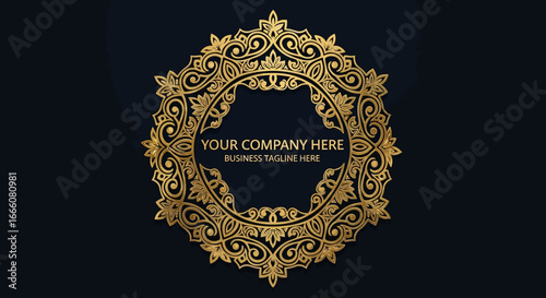 Golden ornate circular frame with intricate floral scrollwork, elegant metallic 3D design.