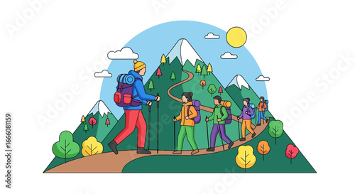 Group of Hikers Walking Up Mountain Trail in Vector Illustration