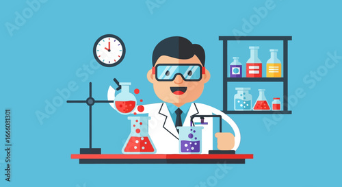 Happy Male Scientist in Lab Coat Pouring Red Liquid into Erlenmeyer Flask