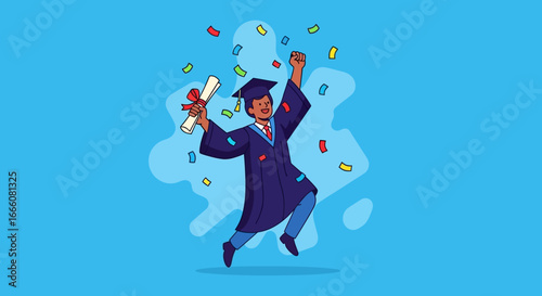 Happy graduating male student in navy gown and mortarboard, holding diploma, jumping in celebration.
