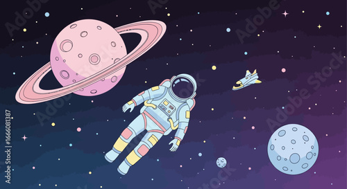 Illustrated astronaut in a colorful pastel spacesuit floating in a weightless pose.
