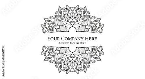 Intricate black and white floral mandala logo frame with detailed line art and shading.