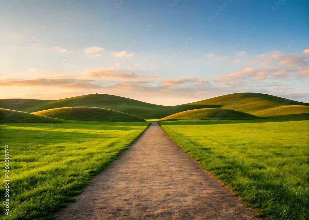 Fototapeta premium Golden-hour footpath cutting across vibrant meadows and rolling hills under soft pink clouds
