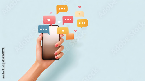Woman hand holding smartphone for happy chat social media communication