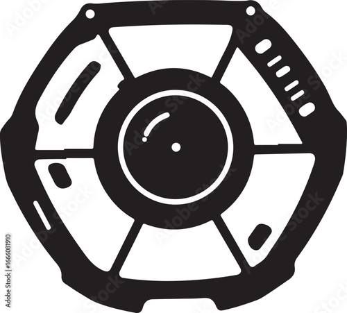 Black and white graphic of a circular object with a central lens and segmented outer ring icon