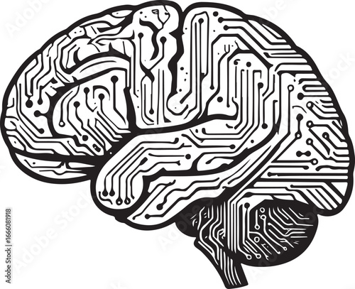 Wallpaper Mural Black and white illustration of a human brain with circuit board patterns technology science Torontodigital.ca