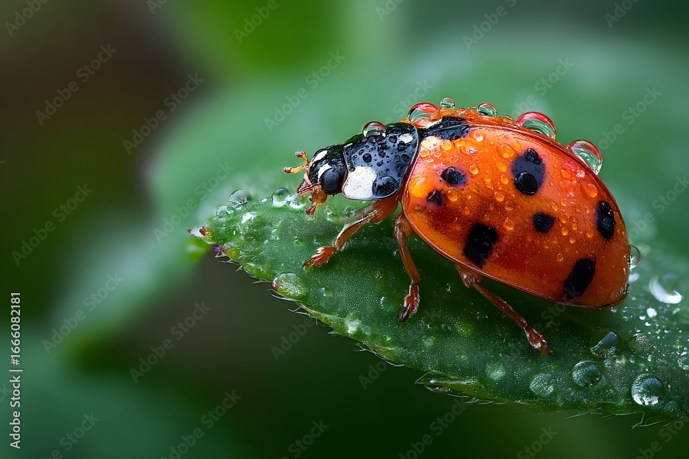 Fototapeta premium Bright ladybug on dewy leaf surrounded by foliage in detailed medium shot perfect for banners