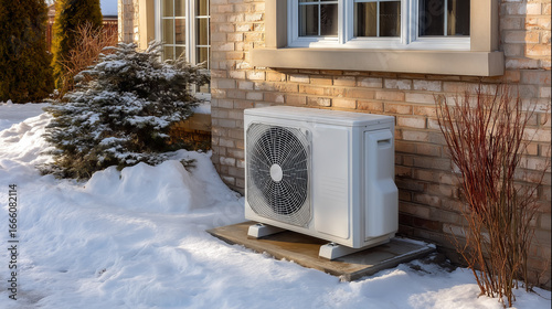 Air Source Heat Pump Outside Home in Winter Snow