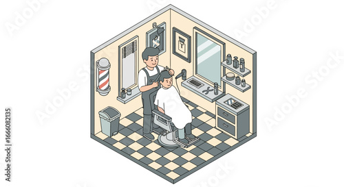 Isometric barbershop illustration featuring a skilled barber giving a haircut to a smiling customer in a classic chair, with a barber pole.