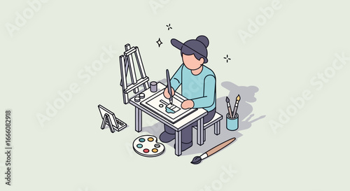 Isometric illustration of a faceless artist with a hair bun drawing at a desk, surrounded by creative art supplies.