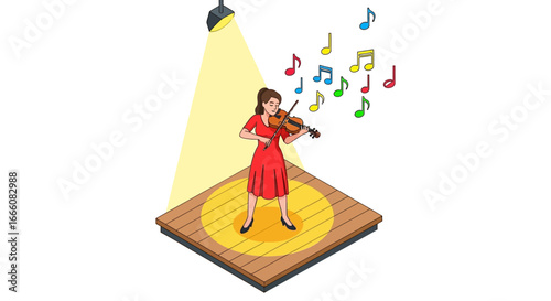 Isometric illustration of a female violinist in a red dress performing on a wooden stage under a spotlight with colorful musical notes.