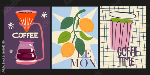 Wallpaper Mural Abstract retro posters in cartoon groovy style. Decor for wallpaper, walls and postcards. Vintage home food and drink posters set. Coffee drink, fruit vector illustration Torontodigital.ca