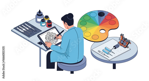 Isometric illustration of a tattoo artist designing a mandala on a digital tablet with tools