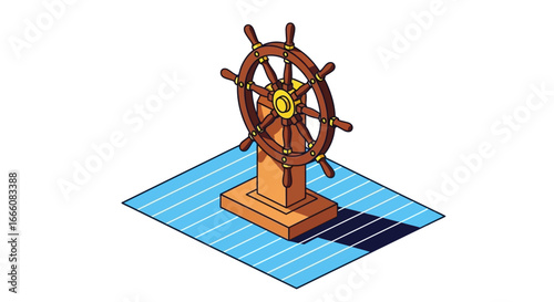 Isometric Illustration of a Wooden Ship's Steering Wheel