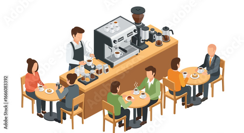 Isometric illustration of people enjoying coffee at a modern cafe counter