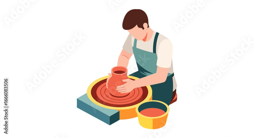 Isometric male potter in apron shaping terracotta clay pot on a spinning wheel
