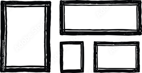 Collection of four rough black frames of various sizes and orientations with empty white space, isolated on white