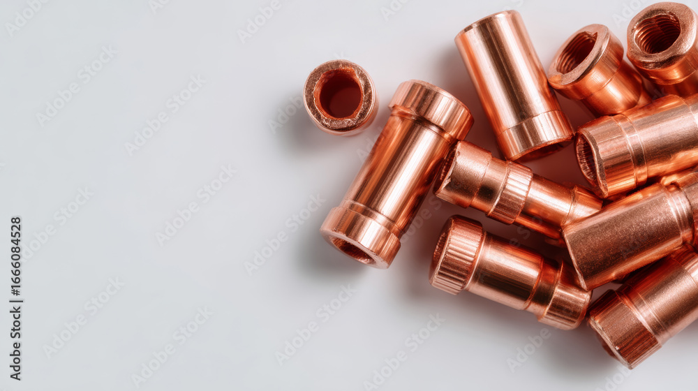 Copper pipe fittings arranged white background showing global market demand for copper plumbing and construction industries Copper pipe fittings arranged white background showing global market demand for copper plumbing and construction industries